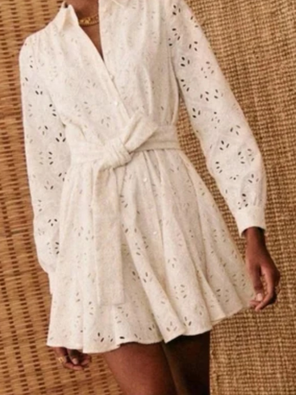 Sezane White Eyelet Tie-Waist Shirt Dress